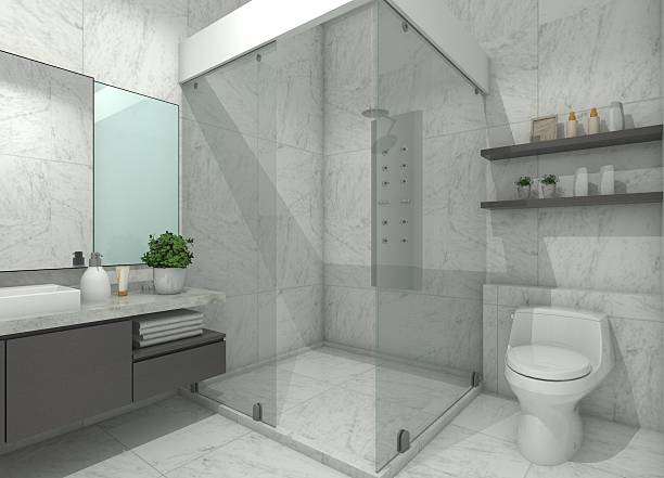 istock Modern 3D bathroom interior design with sink cabinets and storage. 2211772027