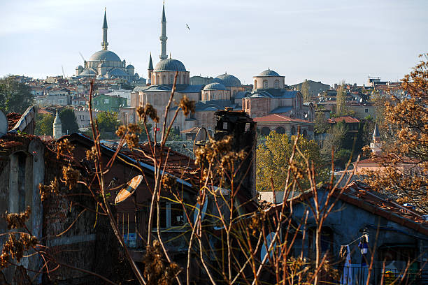 Istanbul, Turkey – November 22, 2015: A panoramic view showcasing both the Fatih Mosque and Şehzade Mosque, two iconic Ottoman-era mosques. The Fatih Mosque, located on the left, stands as a monumental example of early Ottoman architecture. To the right, the Şehzade Mosque, built by Sultan Suleiman the Magnificent, is also visible. The image highlights the close proximity of these mosques in the Fatih district, with urban rooftops and residential buildings filling the foreground and a clear sky as the backdrop.