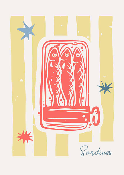 Vertical sardinesâ poster A3 with red open can on yellow stripes. Print wall art. Mediterranean aesthetic. Vector hand drawn graphic.