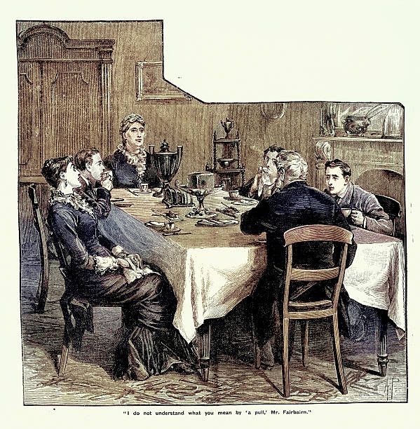 istock Family sitting round dining table having a meal, Victorian 19th Century, Vintage illustration 2211779201