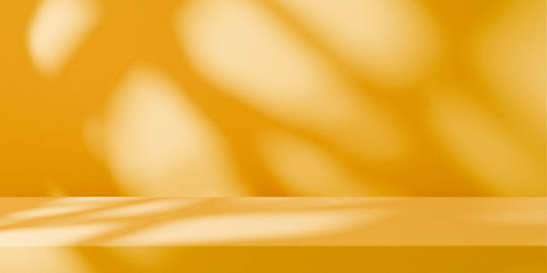 istock Yellow summer background podium stage for luxury product placement mockup. Empty room with color walls and shadow light home interior showroom presentation. Table top stand showcase advertising design. 2211779212