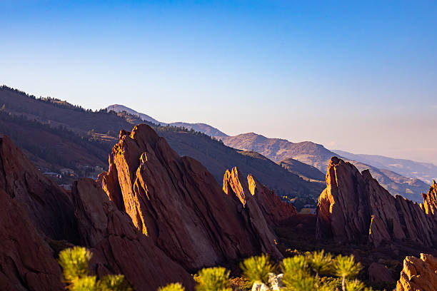 Beautiful sandstone spires and mountain scenery in Red Rock Canyon Open Space Park in Colorado Springs early in the morning.