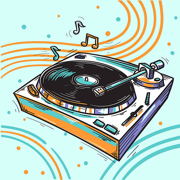 istock Drawn vinyl records turntable and musical notes, colorful music design 2211786040