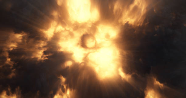Thick dark smoke with flaming explosion. expanding fire over dark background.