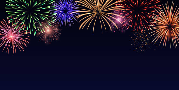 illustrations, cliparts, dessins animés et icônes de bordure décorative vectorielle avec feux d’artifice colorés explosant dans le ciel - carte de célébration, bannière de festival - pétard