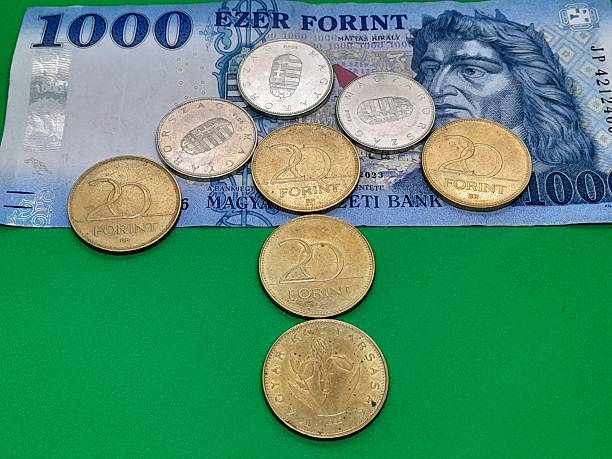 istock Hungarian forint with arrow and green background. 2211796272
