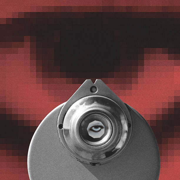 Abstract collage illustration of woman eye visible in telescope viewfinder. Abstract mosaic square shape pattern red eye in background. Grunge and noise effect applied, retro vintage style
