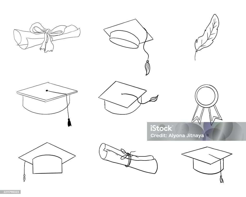 Outline Grad Hand Graduation Hat Doodle Line University Cap Of Graduate And Certificate ...