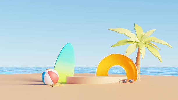 istock 3D render, tropical summer beach with podium, palm tree, surfboard, and beach ball 2211799772