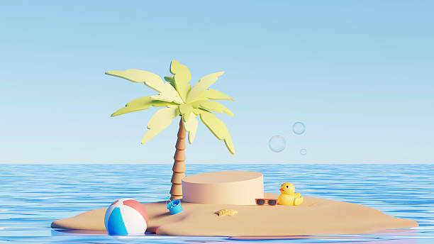 istock 3D render, tropical island summer beach with empty podium, coconut tree, rubber duck and sunglasses 2211799864