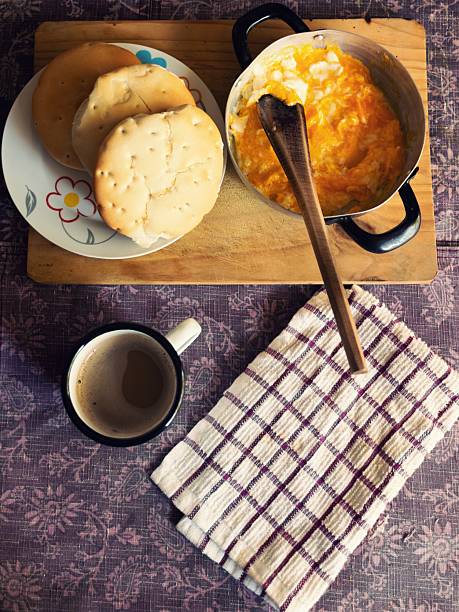 a frying pan with fried eggs, bread and a cup of coffee, a simple and real breakfast