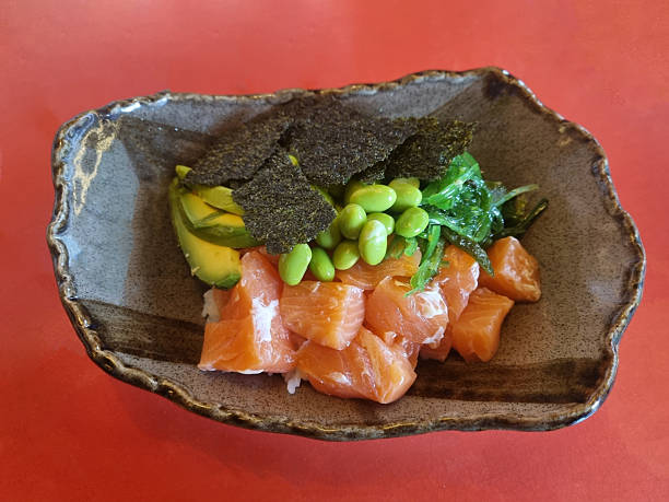 Close up of salmon poke with avocado