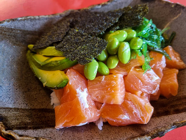 Close up of salmon poke with avocado