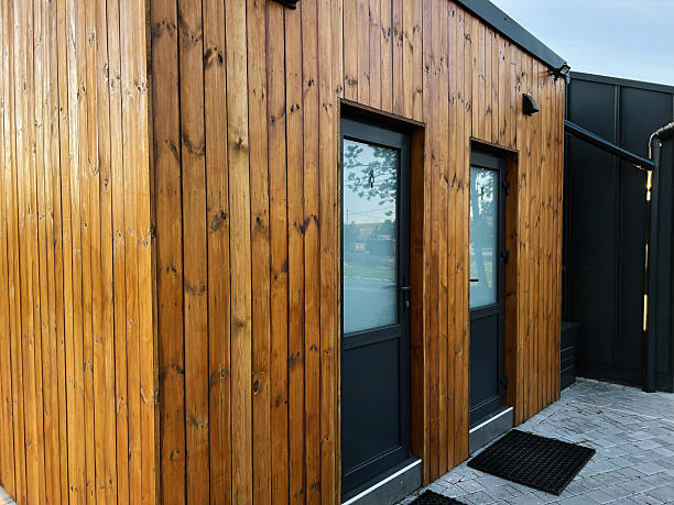 istock Wooden building WC facade with glass doors and modern design under daylight 2211824094
