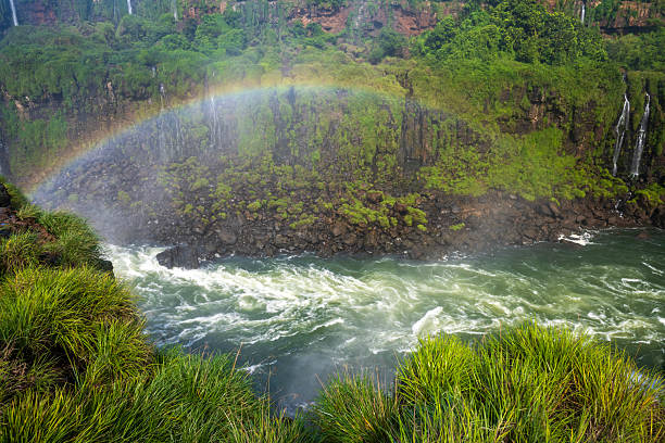 Rainbow over scenic river at Iguazu Falls, Brazil