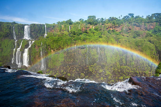 Rainbow over scenic river at Iguazu Falls, Brazil