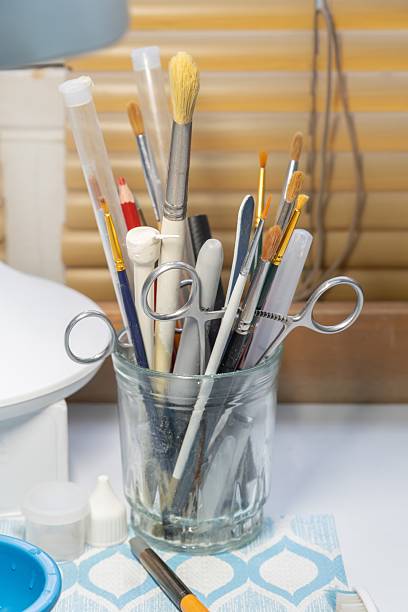 istock Set of dental tools use for dentist and technical, flat lay, top view. 2211840430