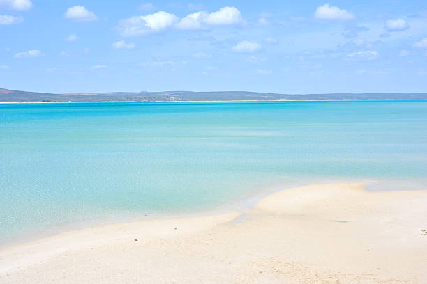 A tranquil coastal vista featuring gentle waves lapping against a pristine sandy shore, framed by the vast azure sea. The serene setting is crowned by a serene sky adorned with scattered, fluffy clouds.