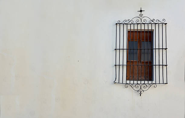 istock Elegant iron-barred window on white stucco wall of traditional structure 2211844285
