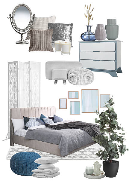 istock Stylish bedroom interior with different decorative elements and furniture on white background. Mood board collage 2211845328