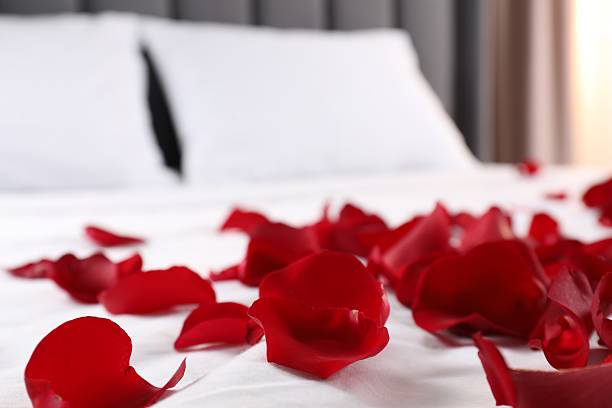 istock Honeymoon. Beautiful rose petals on bed, closeup 2211845353