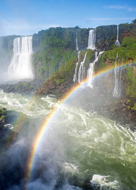 Rainbow over scenic river at Iguazu Falls, Brazil