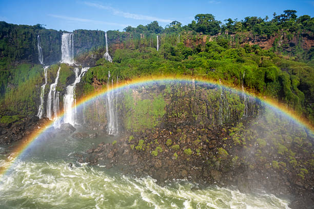 Rainbow over scenic river at Iguazu Falls, Brazil