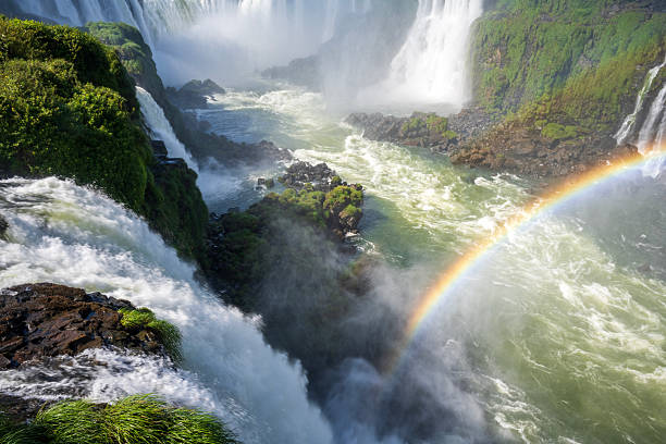 Rainbow over scenic river at Iguazu Falls, Brazil