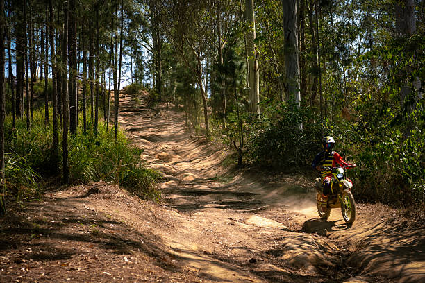 Itaipava, Rio de Janeiro, Brazil - September 13, 2020: A motorcyclist wearing a red jersey and helmet rides an off-road dirt bike along a dusty trail through a pine forest in Brazil. The track is rugged and winding, with visible bumps and natural obstacles. Sunlight filters through the trees, creating a pattern of light and shadow on the ground.