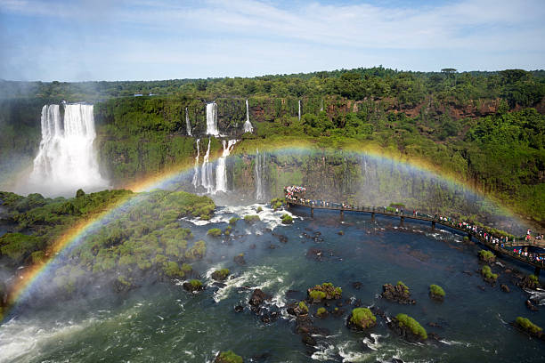 Foz do Iguacu, Brazil - March 14, 2025. Tourists on boardwalk at Iguacu Falls, Brazil.