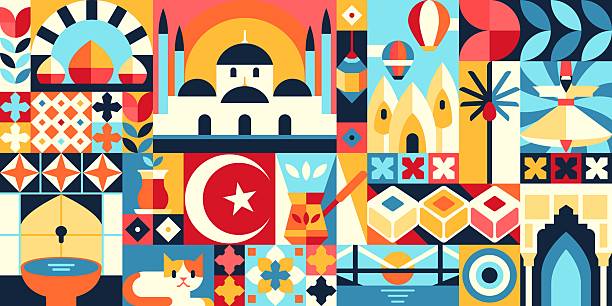 Geometric Turkey pattern, turkish travel landmarks Geometric Turkey pattern with turkish travel landmarks abstract graphic shapes. Vector Turkey tourism background of turkish flag, Istanbul mosque, Bosphorus bridge and coffee geometric shapes collage cappadocia balloon stock illustrations