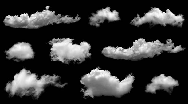 istock Set of isolated white clouds on black background. Conceptual effect design. 2211858341