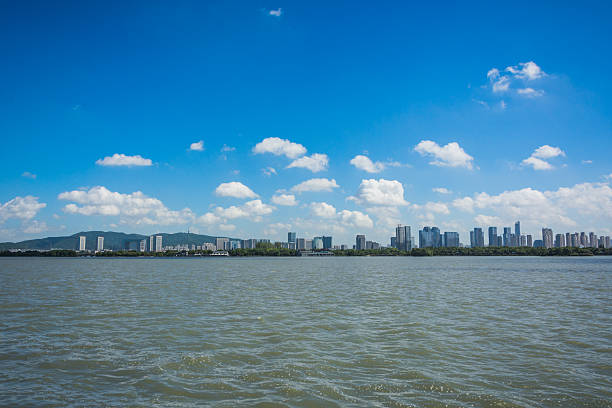 Breathtaking Urban Skyline Reflected on the Calm Waters Under a Clear Blue Sky