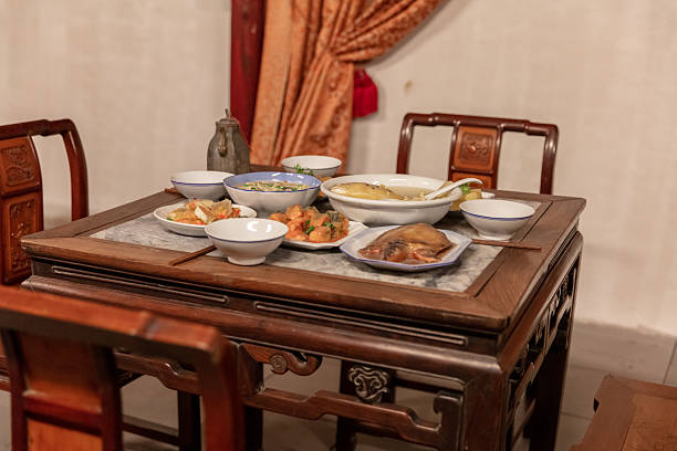 Chinese food on a Chinese square table, display case mockup