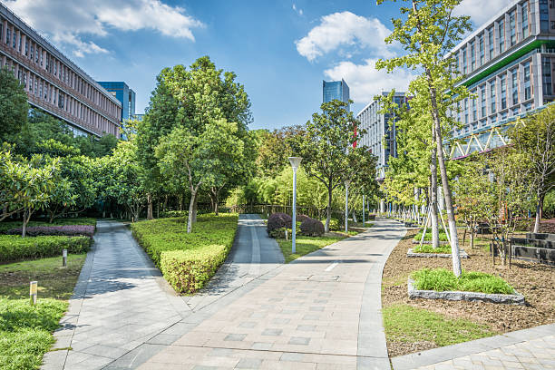 istock Tranquil Urban Oasis: Nature Meets Modern Architecture in a Lush Park Setting 2211875361