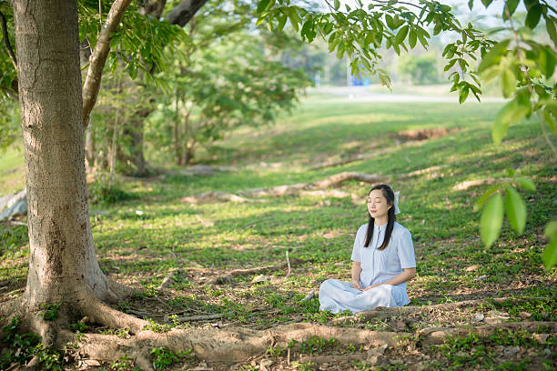 istock Young woman practicing meditation in nature under tree shade, peaceful atmosphere in green park, mindfulness and relaxation for spiritual and mental well-being 2211879152