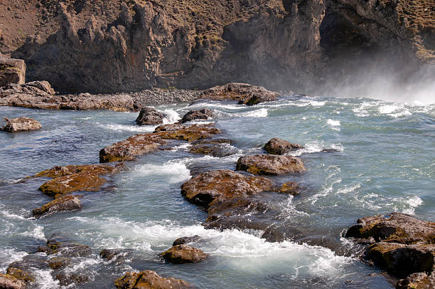 Godafoss waterfall is in northern Iceland. It is located along the country's main ring road. The water of the river Skjalfandafljot falls from a height of 12 metres over a width of 30 metres.