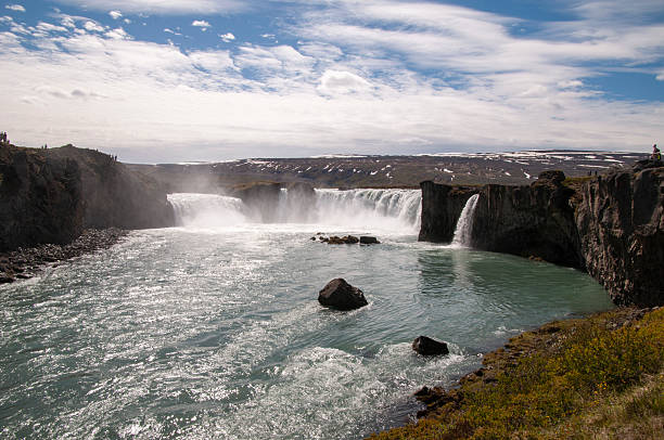 Godafoss waterfall is in northern Iceland. It is located along the country's main ring road. The water of the river Skjalfandafljot falls from a height of 12 metres over a width of 30 metres.