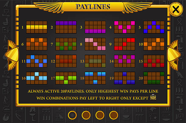 istock Info screen for slot game. PAYLINES game screen Golden-Black Egyptian slot for game development 2211886362