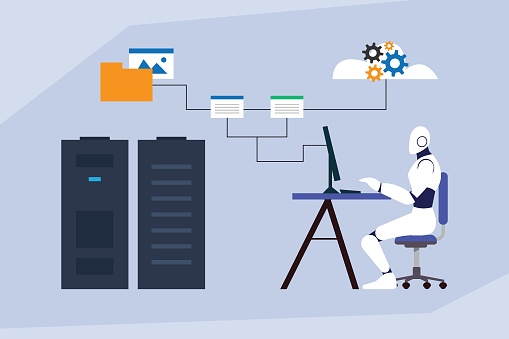 A Robot Working At A Computer Connected To Server Racks Folders ...