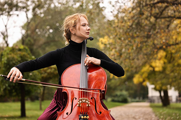 istock Beautiful young woman playing cello in park 2211897265