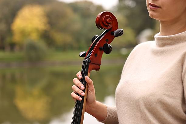 istock Young woman with cello in park, closeup. Space for text 2211897351