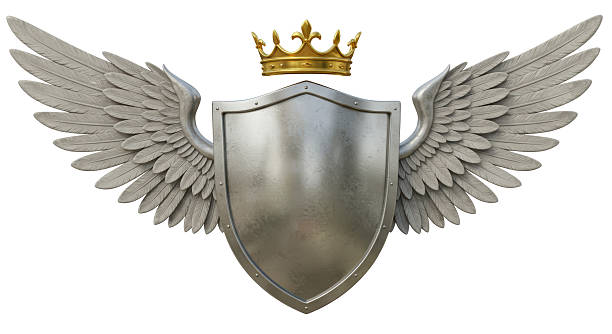 istock Isolated Silver Shield with Wings and Golden Crown 2211903243