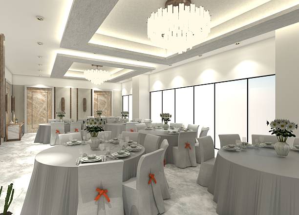 istock Sophisticated 3D rendering of a hotel's upscale dining room, complete with dining sets. 2211904752
