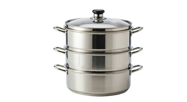 istock Isolated Stackable Stainless Steel Steamer Pots with Glass Lid 2211905500