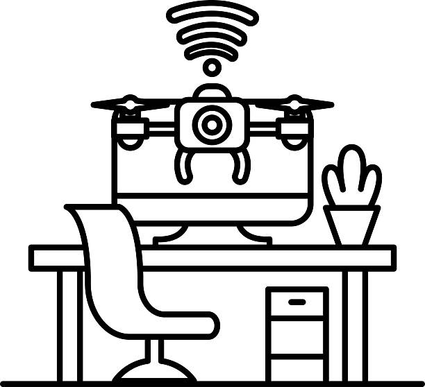 computer monitor sits on a desk with a chair and a potted plant A computer monitor sits on a desk with a chair and a potted plant laptop hover stock illustrations