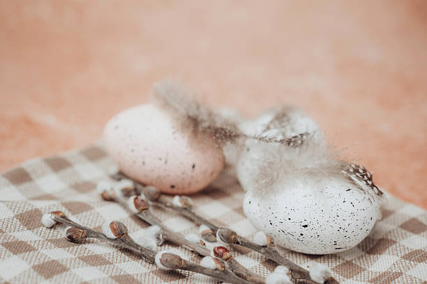 istock Close-up of pink speckled Easter egg with soft feather and willow on checkered cloth. Natural springtime composition. 2211907549