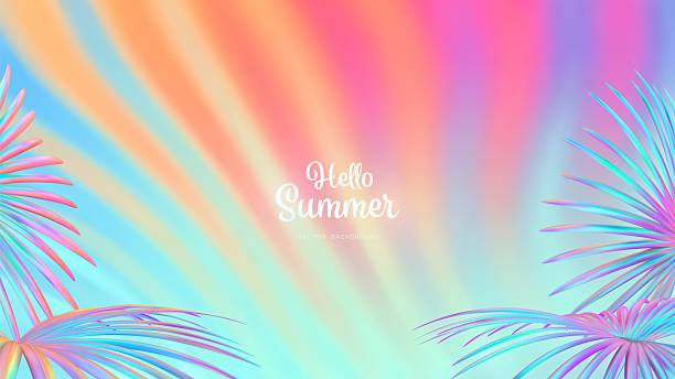 istock Summer gradient background with tropical leaves. Bright colorful summer colors. Sunset and sunrise sky colors. Blue, purple, orange, pink, yellow. Great for covers, poster, banner. Vector illustration 2211909663