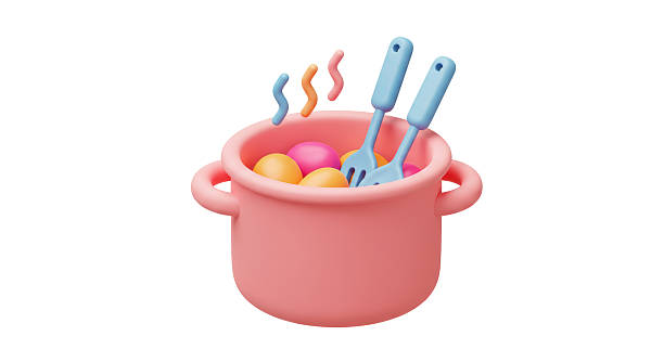 Isolated Pink Pot with Boiling Eggs and Spoons