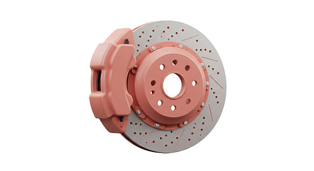 istock Isolated Car Brake Disc with Red Caliper and Metallic Details 2211916437